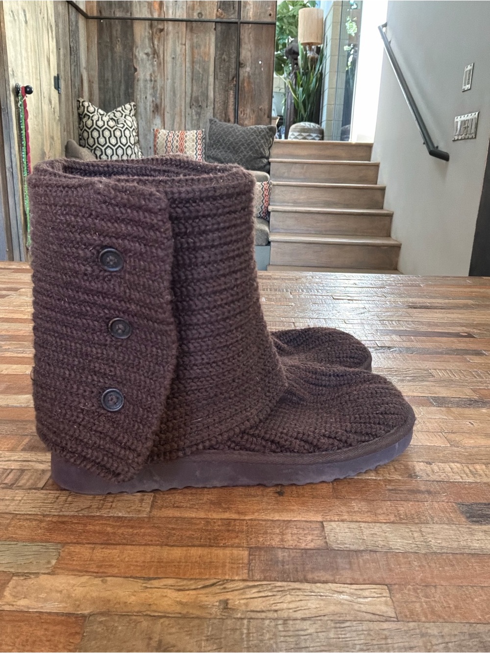 UGG Dark Brown Knit Button Boot Slippers
